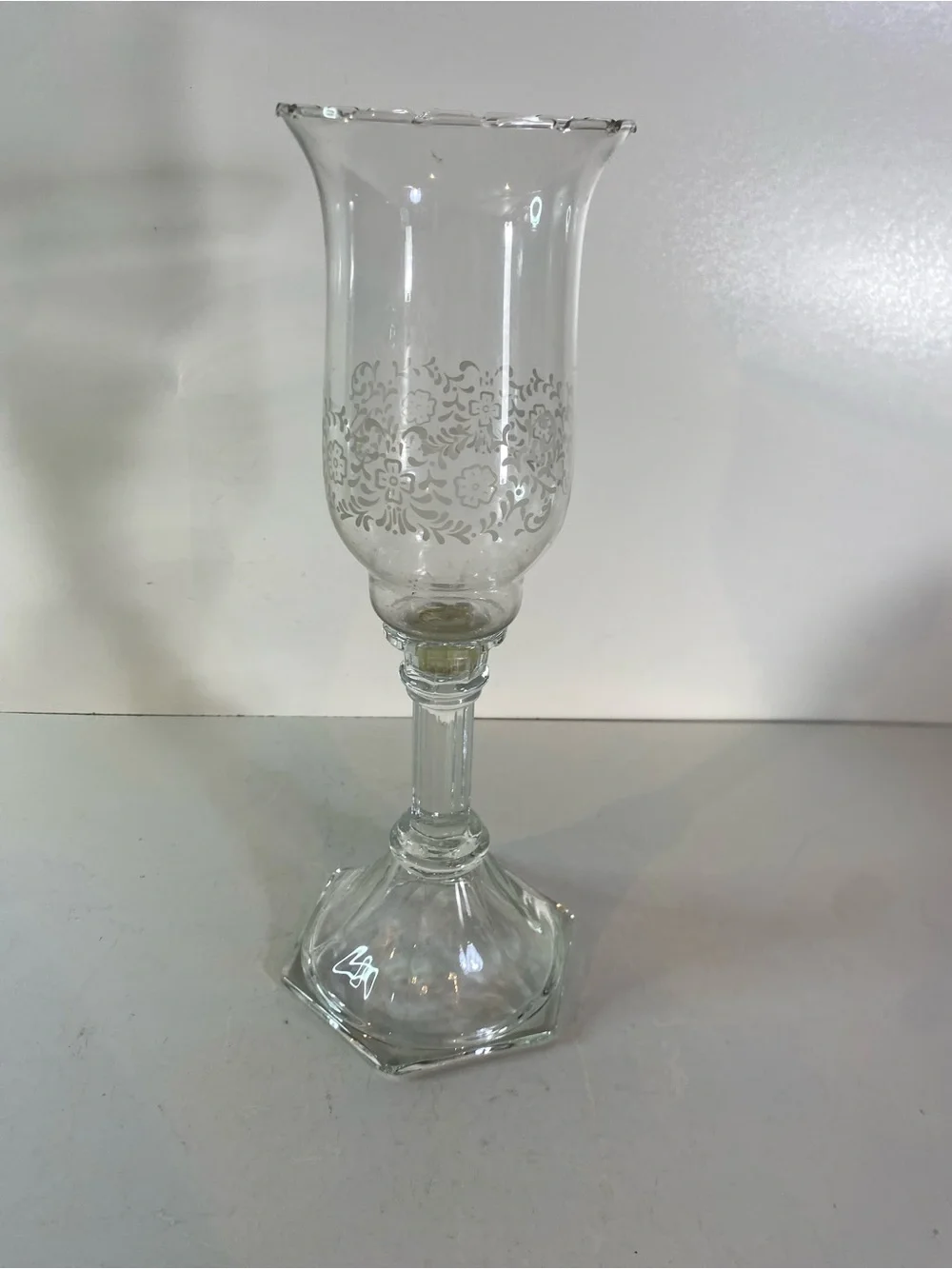 Vintage 2 Piece Clear Glass Etched Floral Votive Cup Candle Holder 12” Height